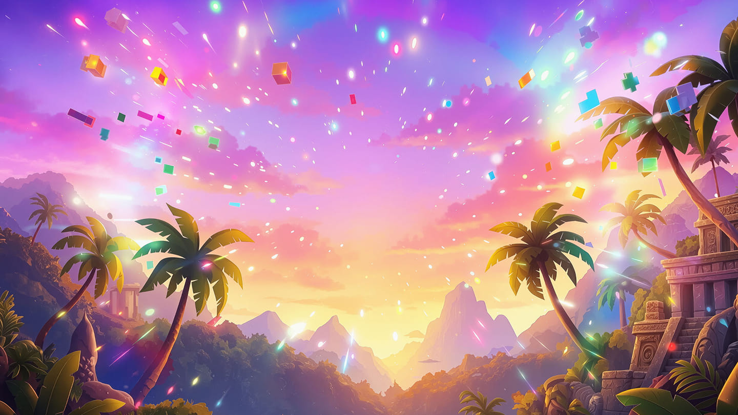 A jungle valley at sunset, with palms, distant mountains and a stone temple